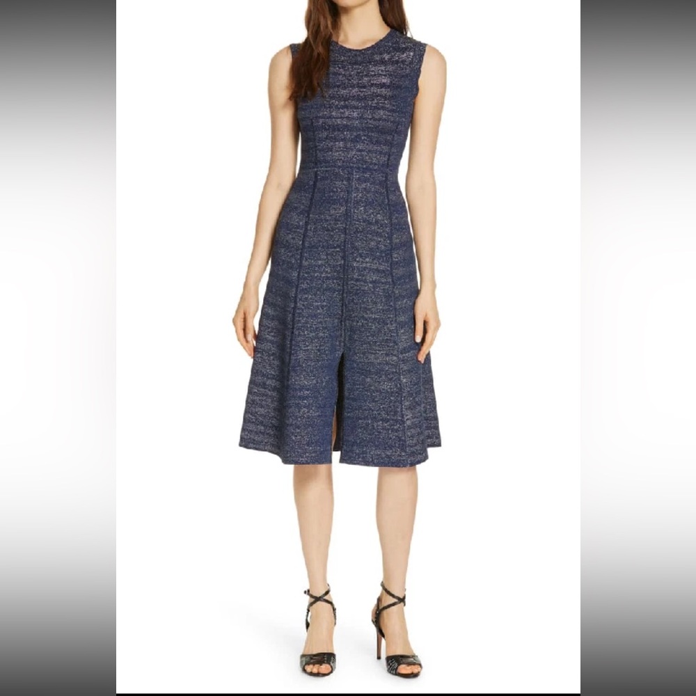 New! Veronica Beard Fit Flare Elegant Blue and metallic knit Women's Dress slit